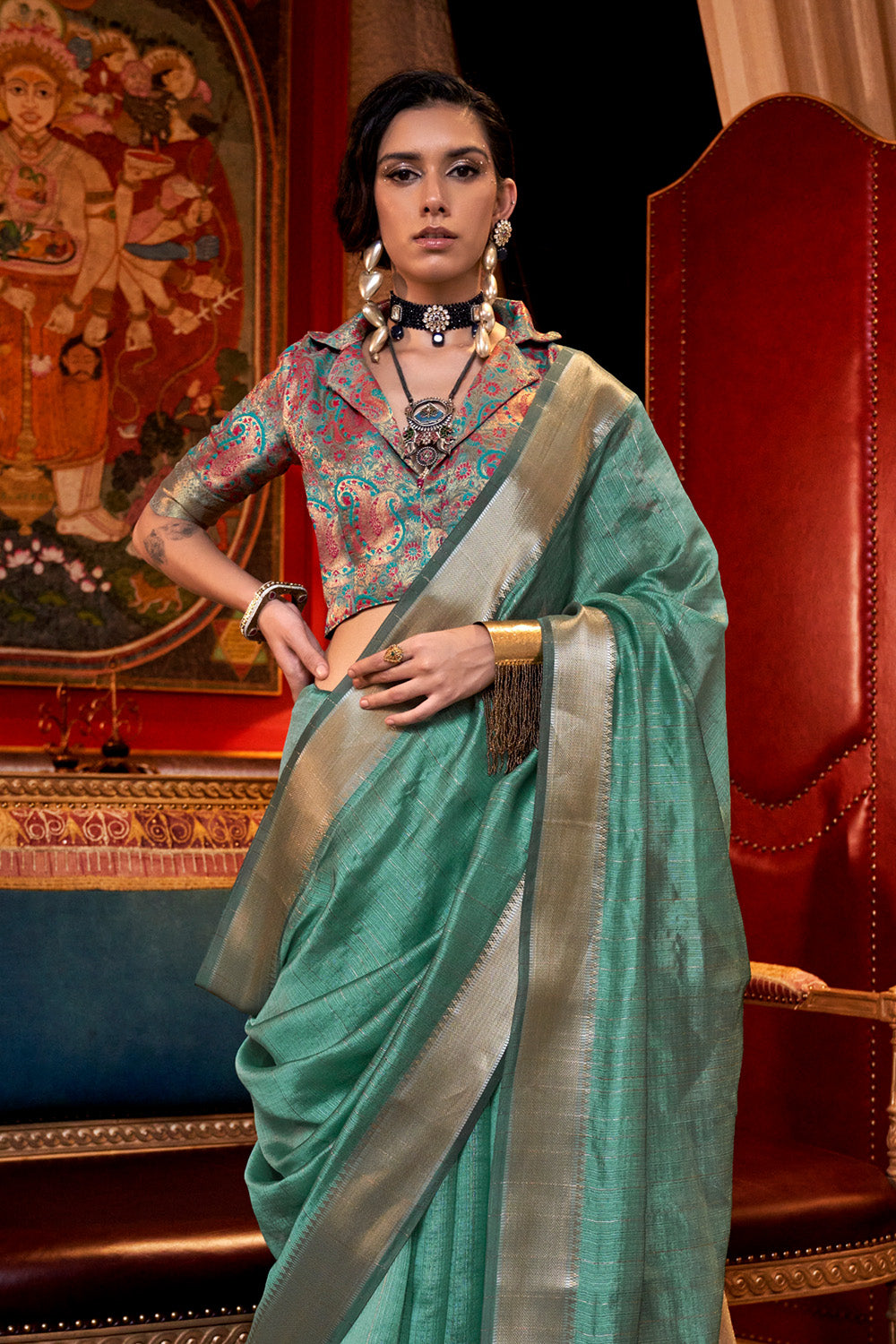 Sage Green Banarasi Georgette Saree With Blouse