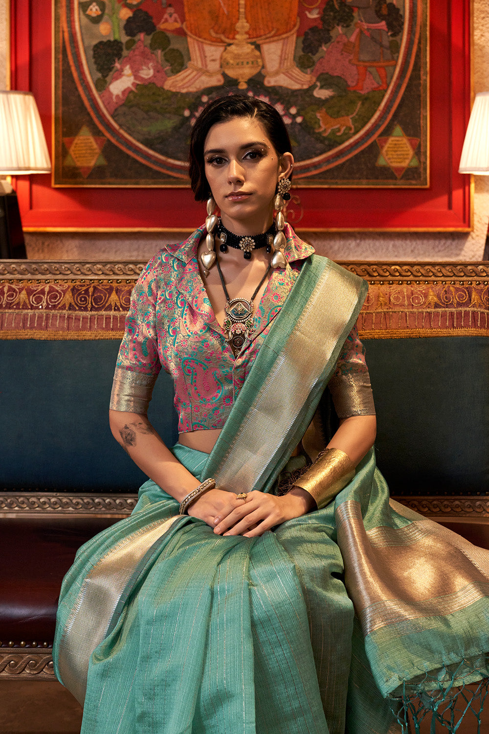 Sage Green Banarasi Georgette Saree With Blouse