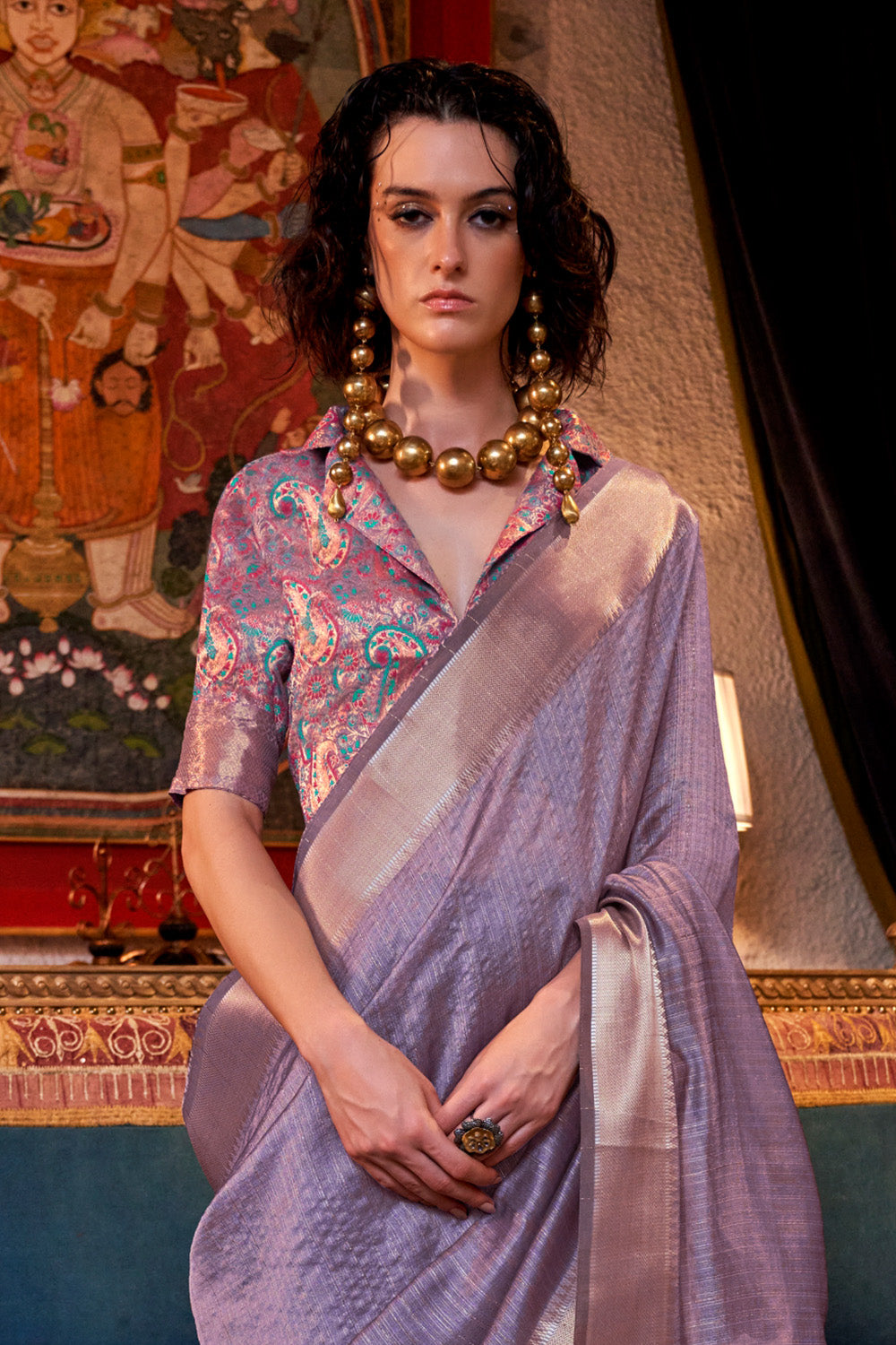 Lilac Banarasi Georgette Saree With Jacquard Blouse