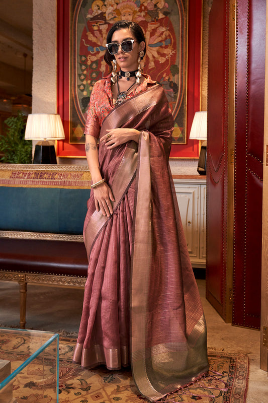 Brick Red Banarasi Georgette Saree With Jacquard Blouse