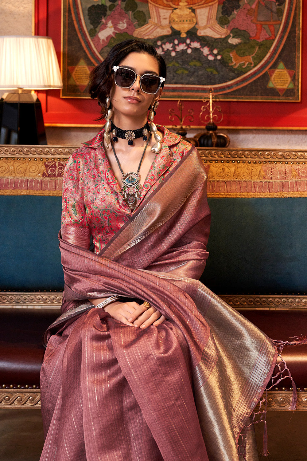 Brick Red Banarasi Georgette Saree With Jacquard Blouse