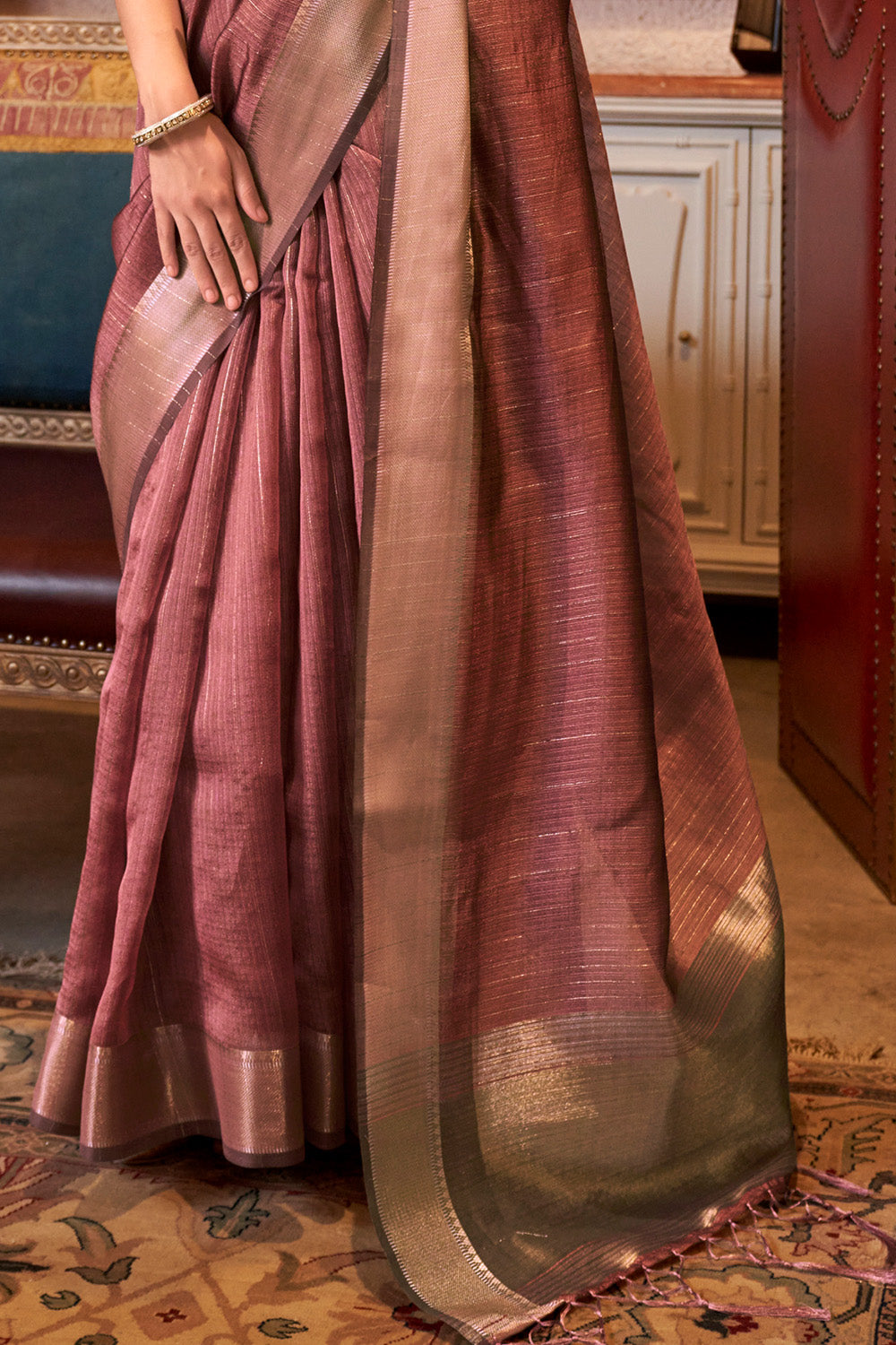 Brick Red Banarasi Georgette Saree With Jacquard Blouse