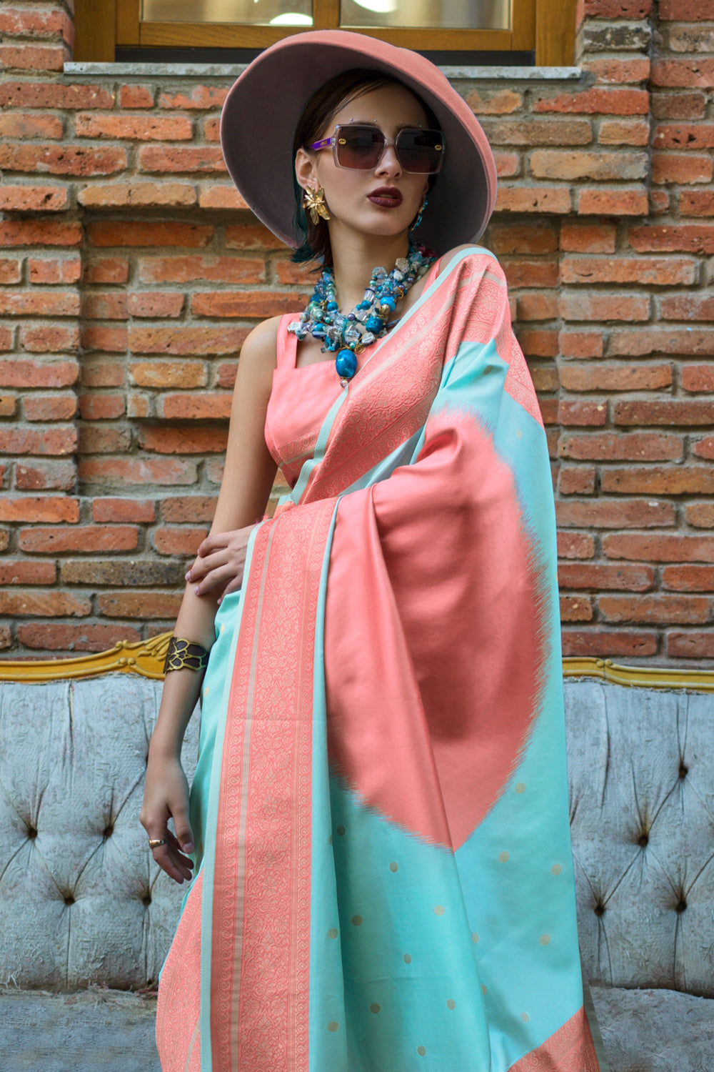 Multicolor Saree With Contrast Pallu And Green Blouse