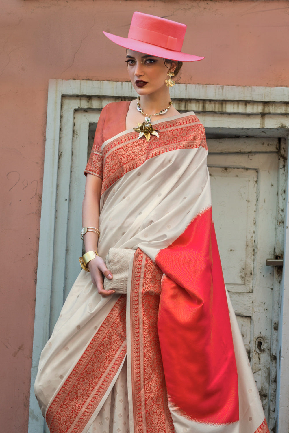 Multicolor Saree With Contrast Pallu And Beige Blouse