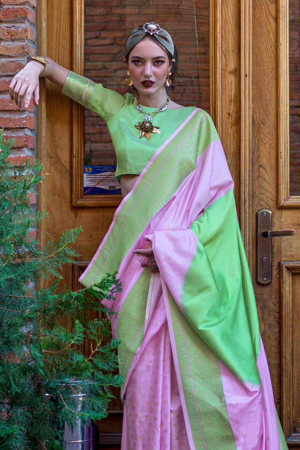 Multicolor Saree With Contrast Pallu And Green Blouse