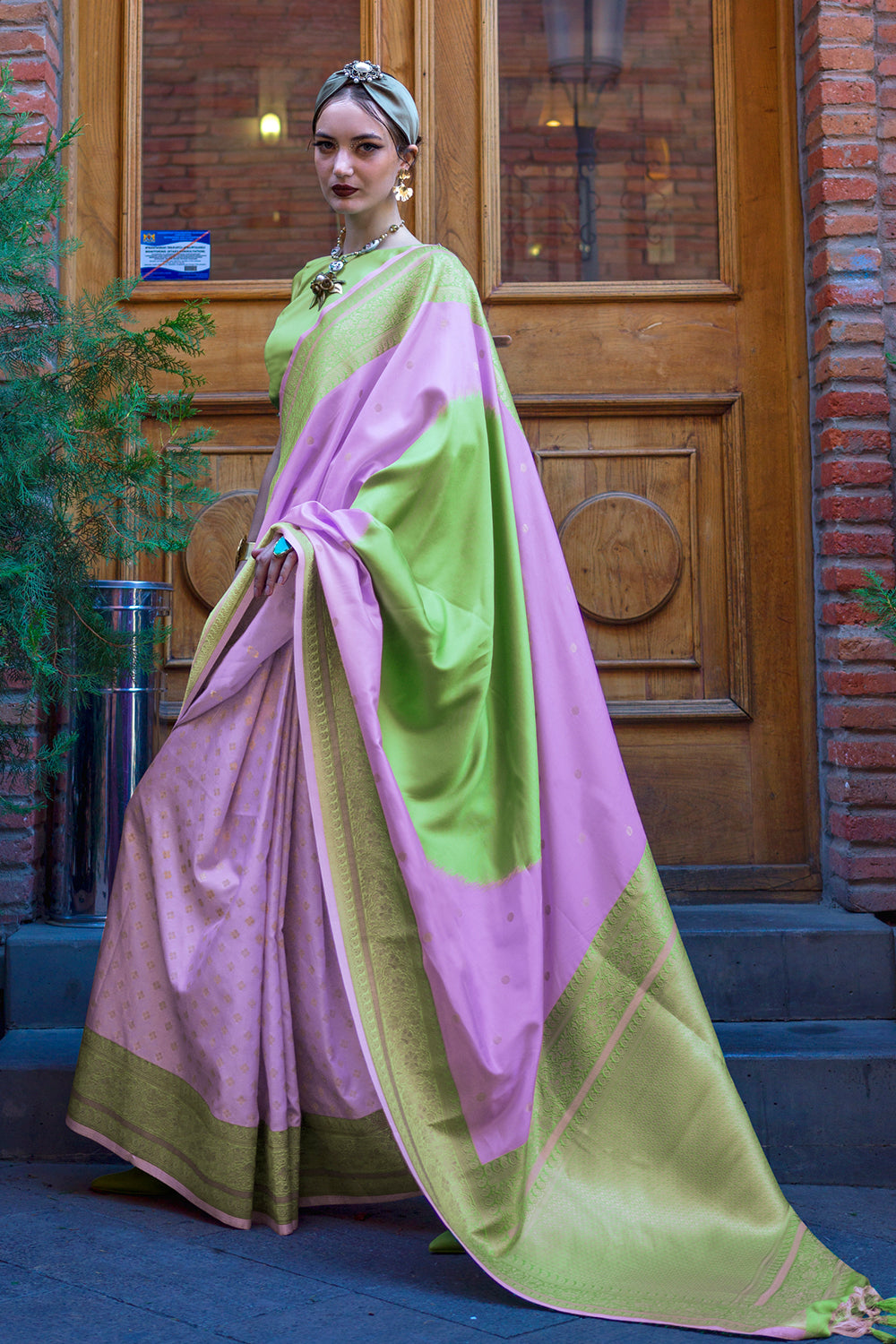 Multicolor Saree With Contrast Pallu And Green Blouse