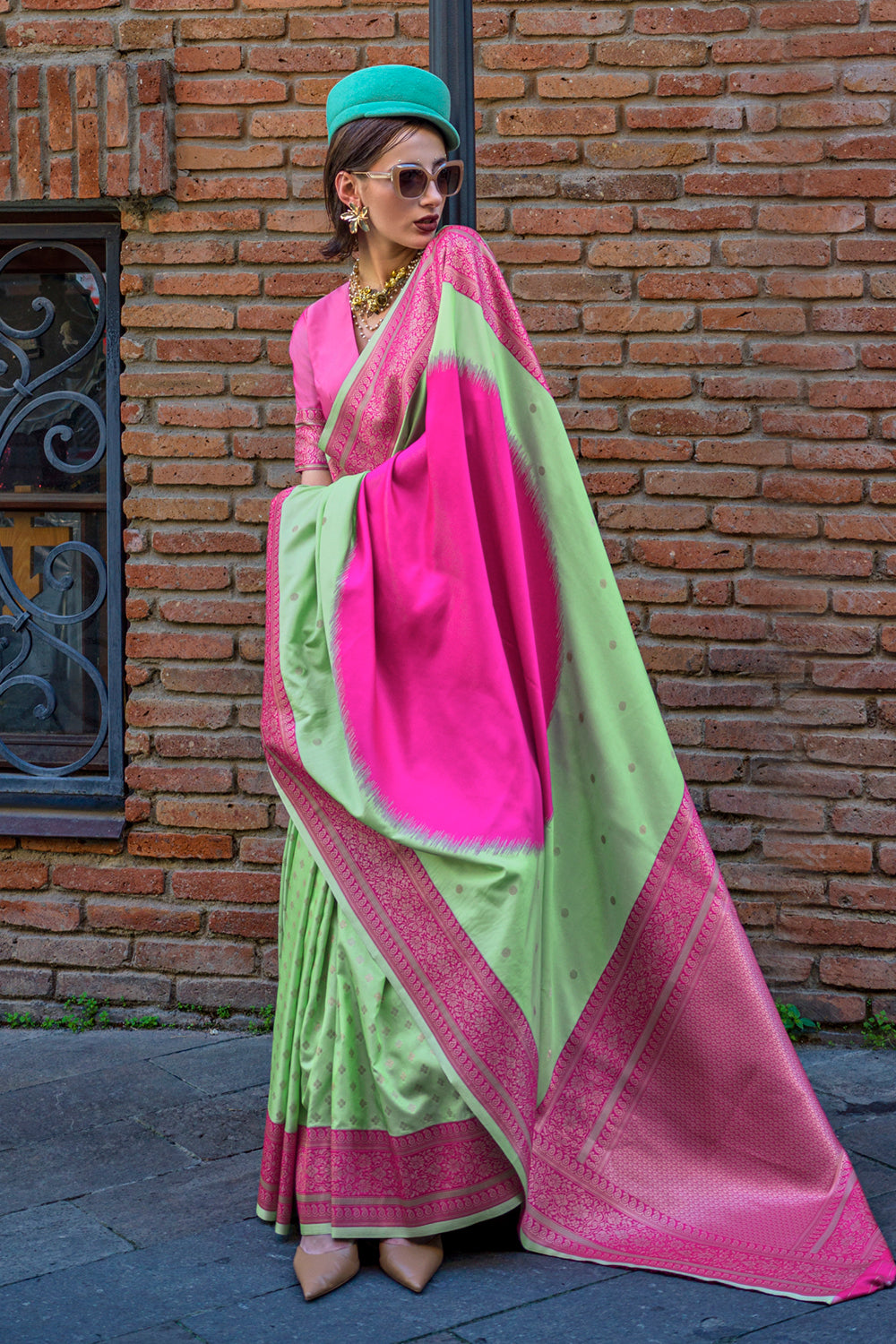 Multicolor Saree With Contrast Pallu And Green Blouse
