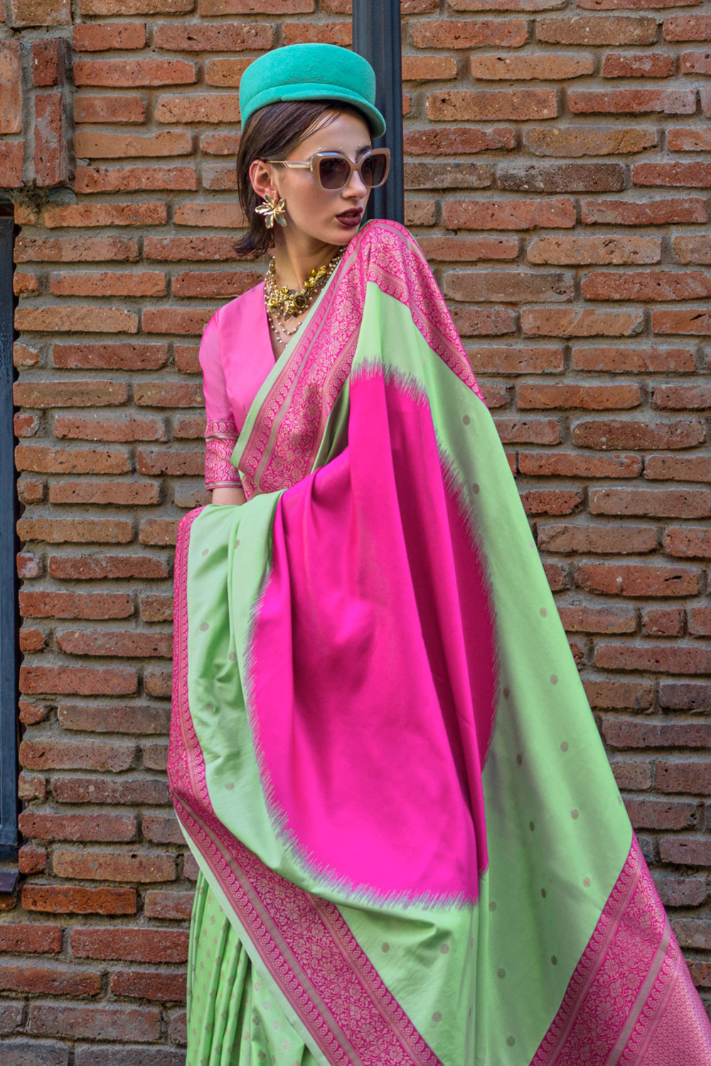 Multicolor Saree With Contrast Pallu And Green Blouse