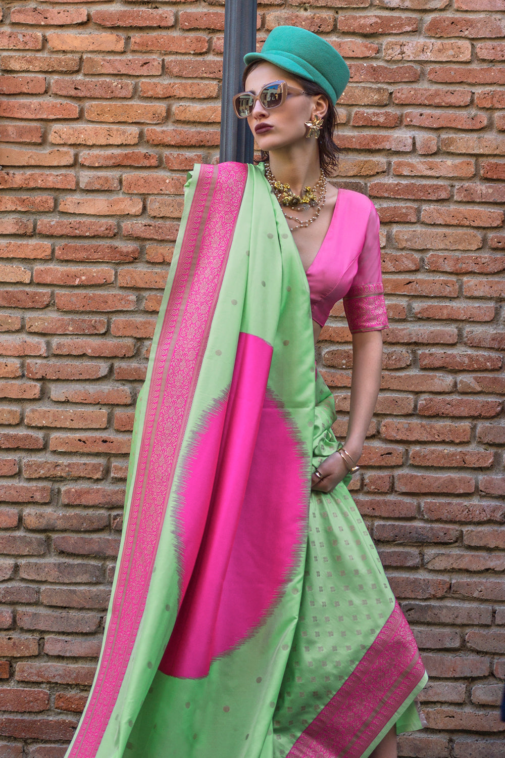 Multicolor Saree With Contrast Pallu And Green Blouse