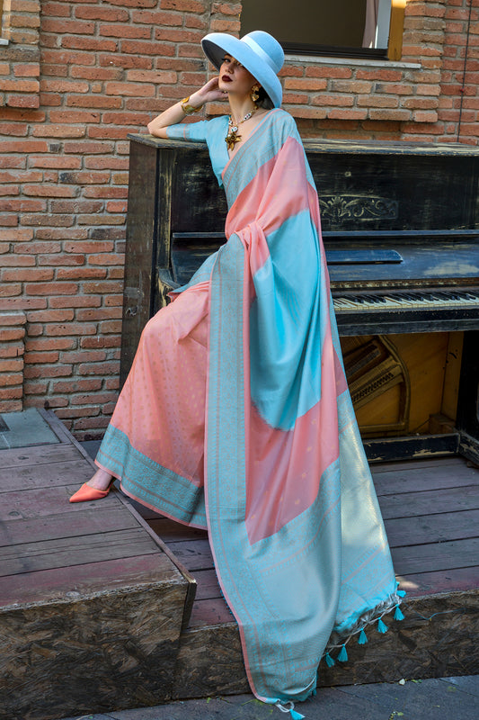 Multicolor Saree With Contrast Pallu And Blue Blouse
