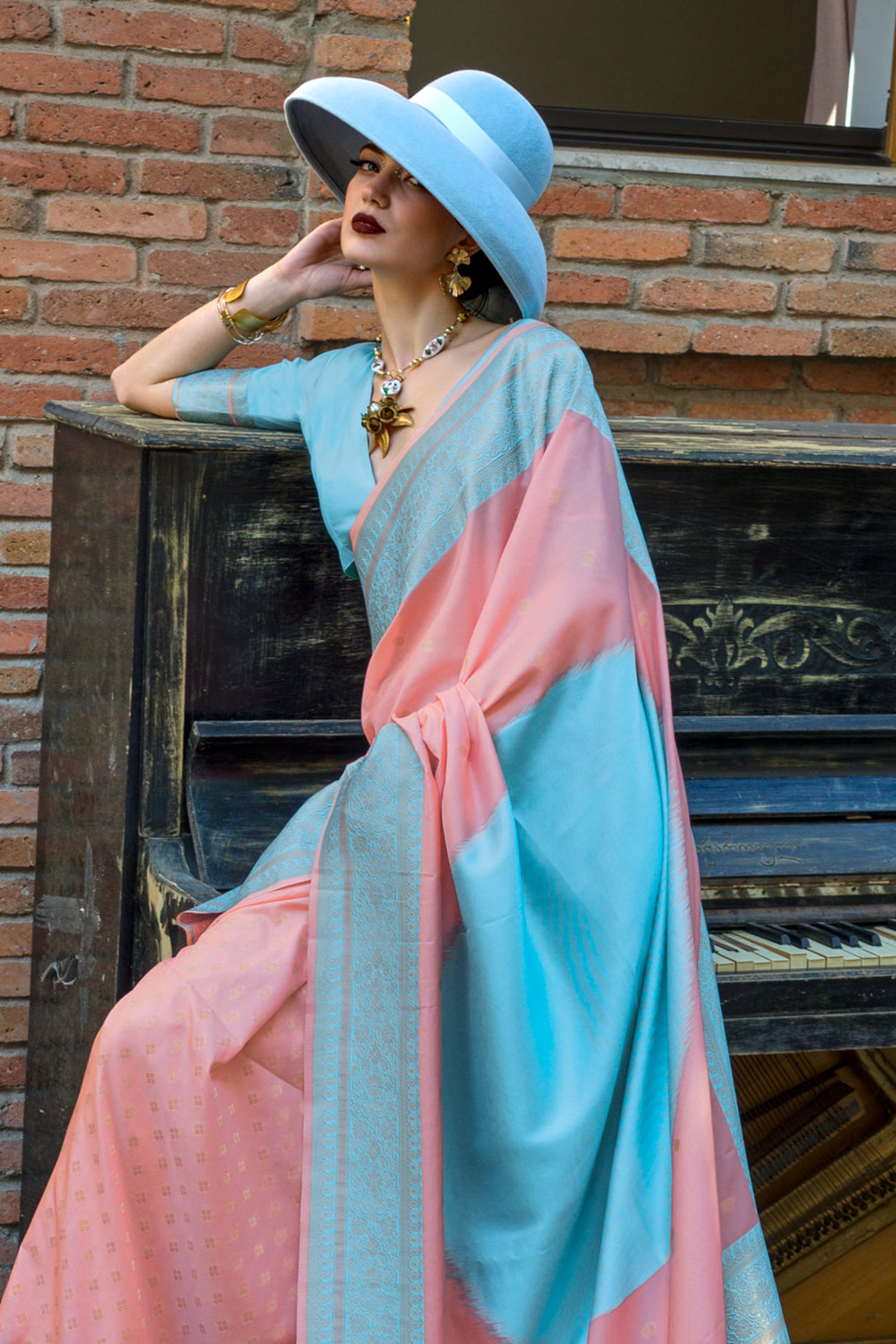 Multicolor Saree With Contrast Pallu And Blue Blouse