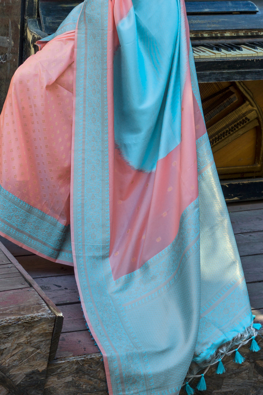 Multicolor Saree With Contrast Pallu And Blue Blouse