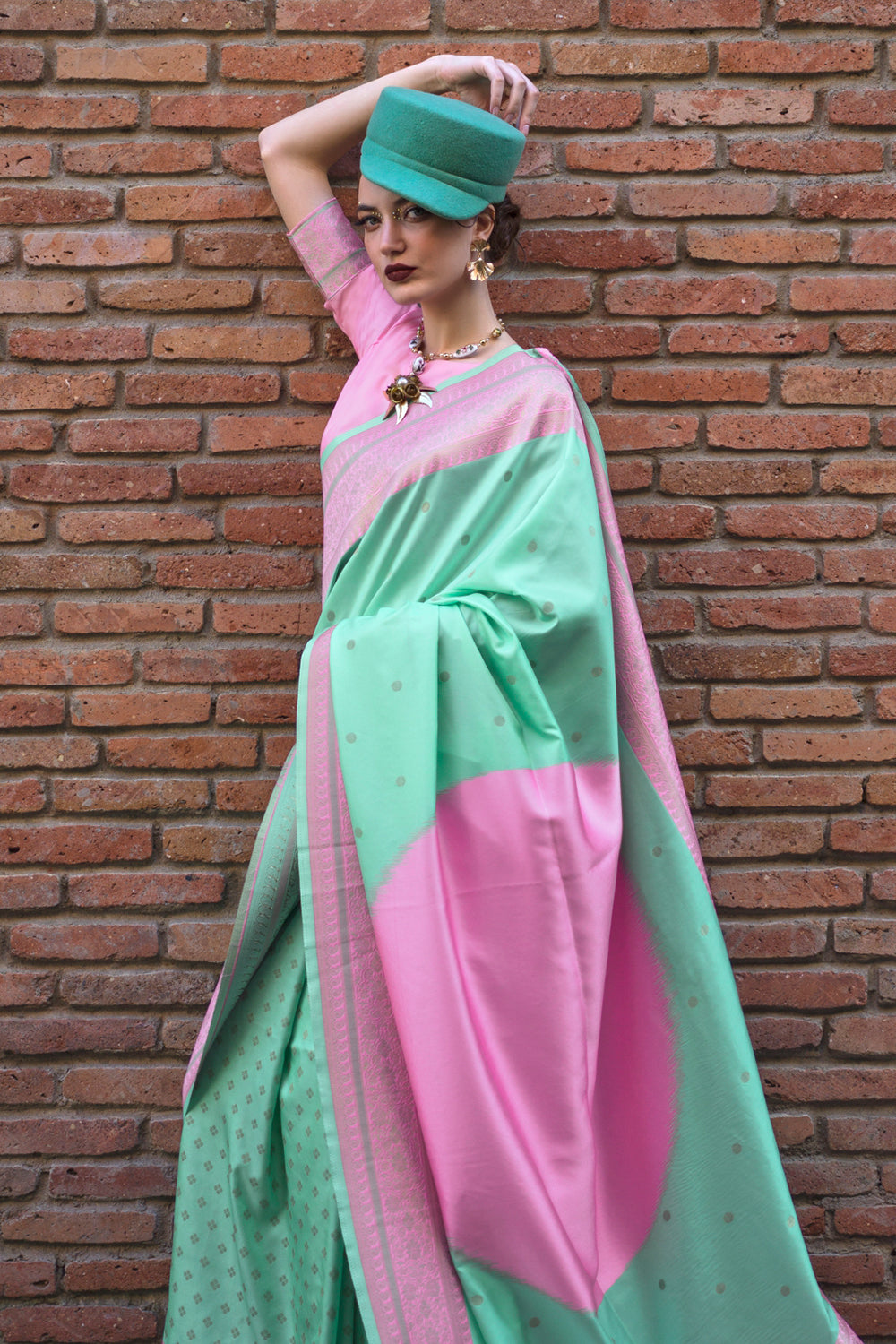 Multicolor Saree With Contrast Pallu And Green Blouse