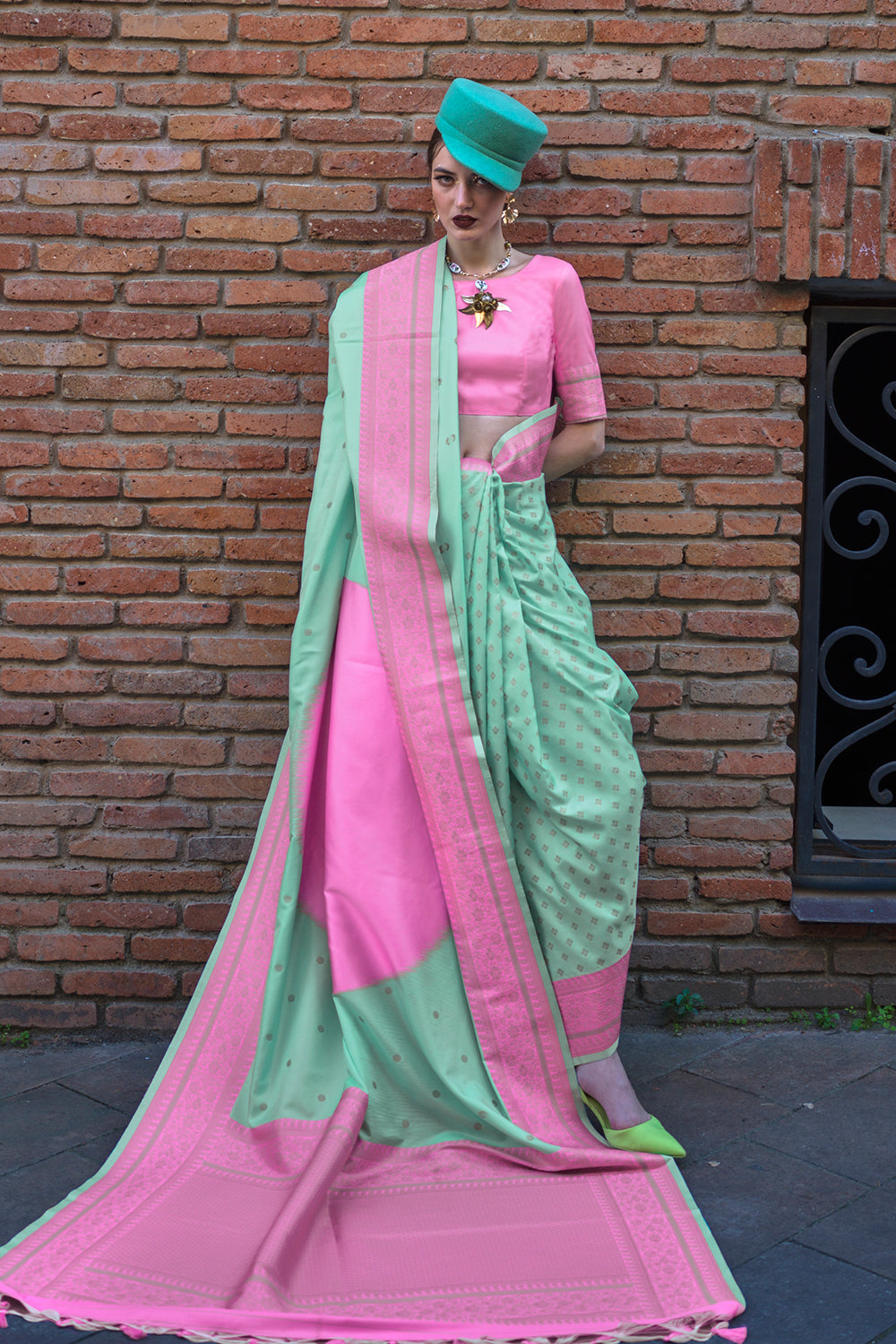 Multicolor Saree With Contrast Pallu And Green Blouse