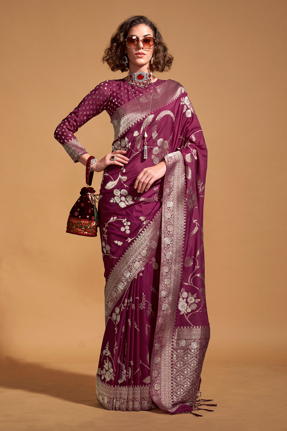 Maroon Banarasi Georgette Saree With Heavy Blouse