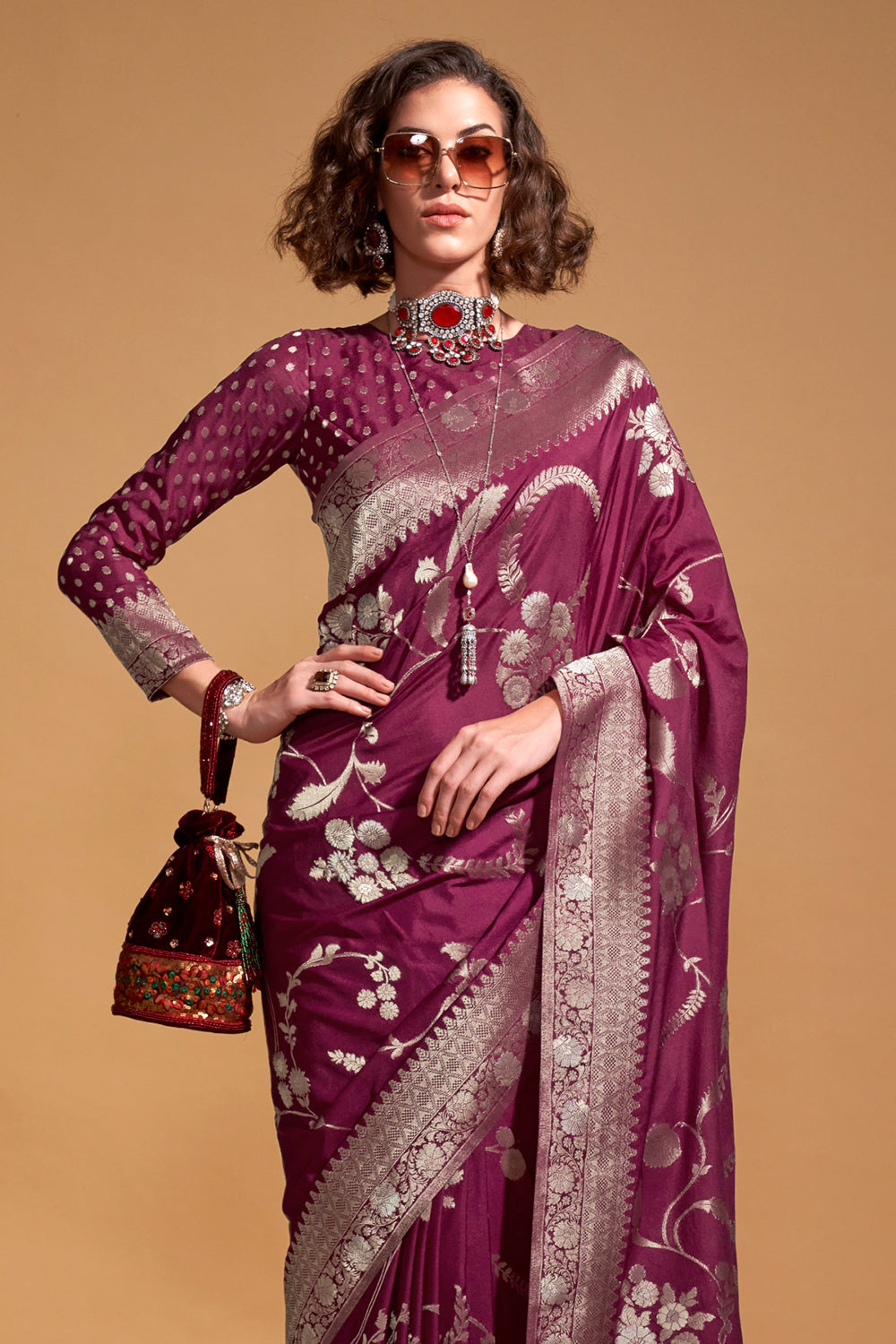 Maroon Banarasi Georgette Saree With Heavy Blouse