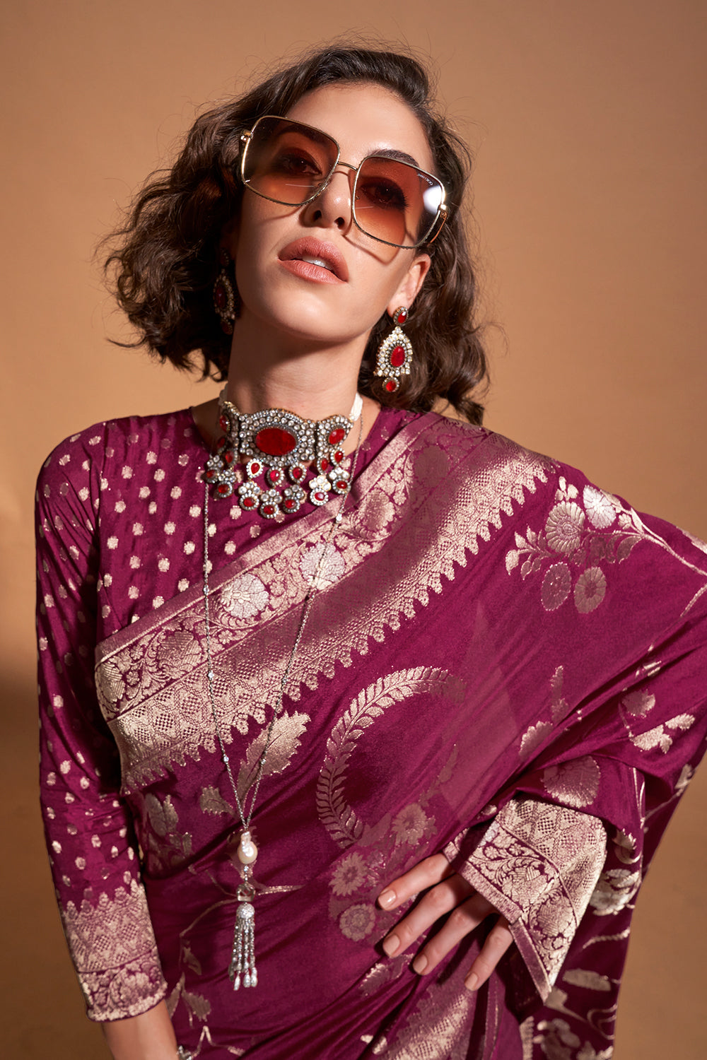 Maroon Banarasi Georgette Saree With Heavy Blouse