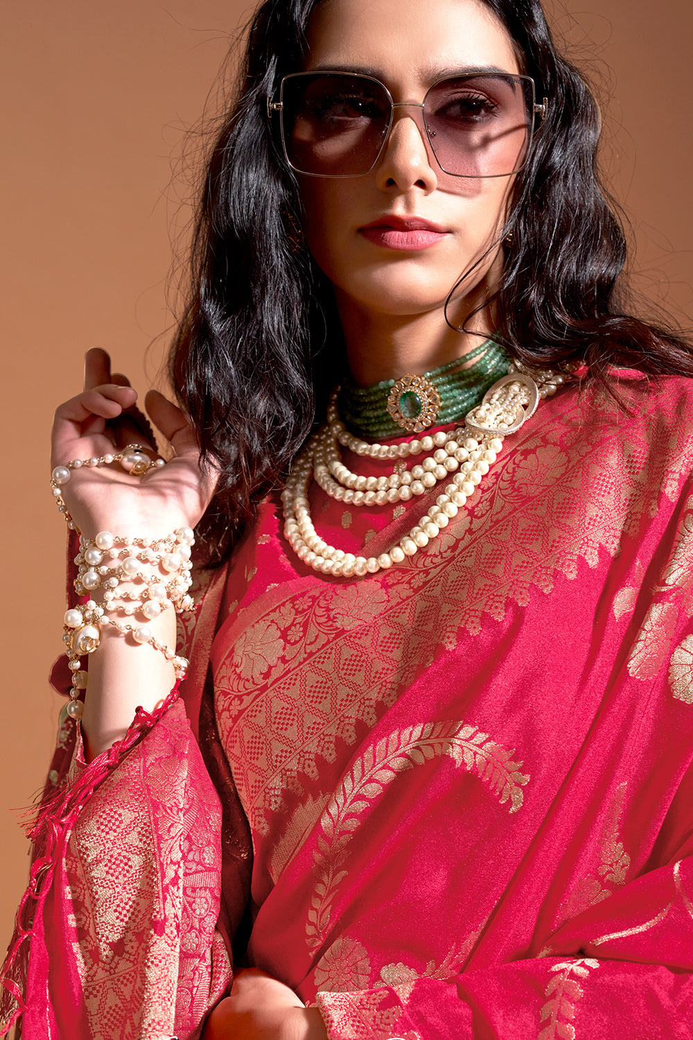 Red Banarasi Georgette Saree With Heavy Blouse