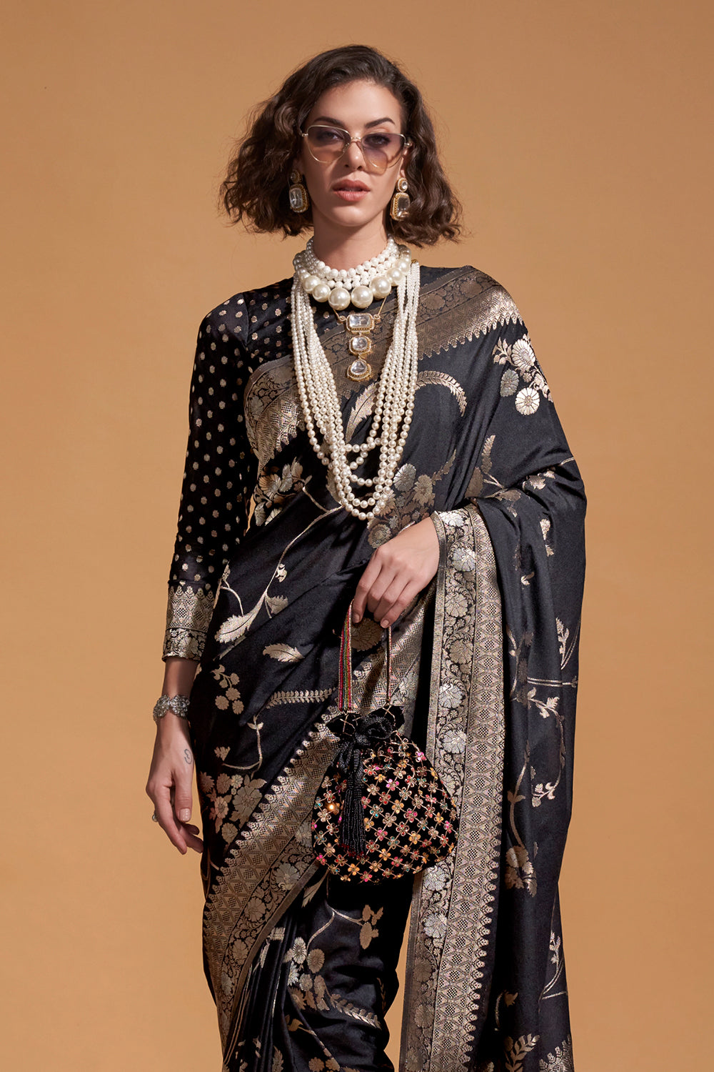 Black Banarasi Georgette Saree With Heavy Blouse