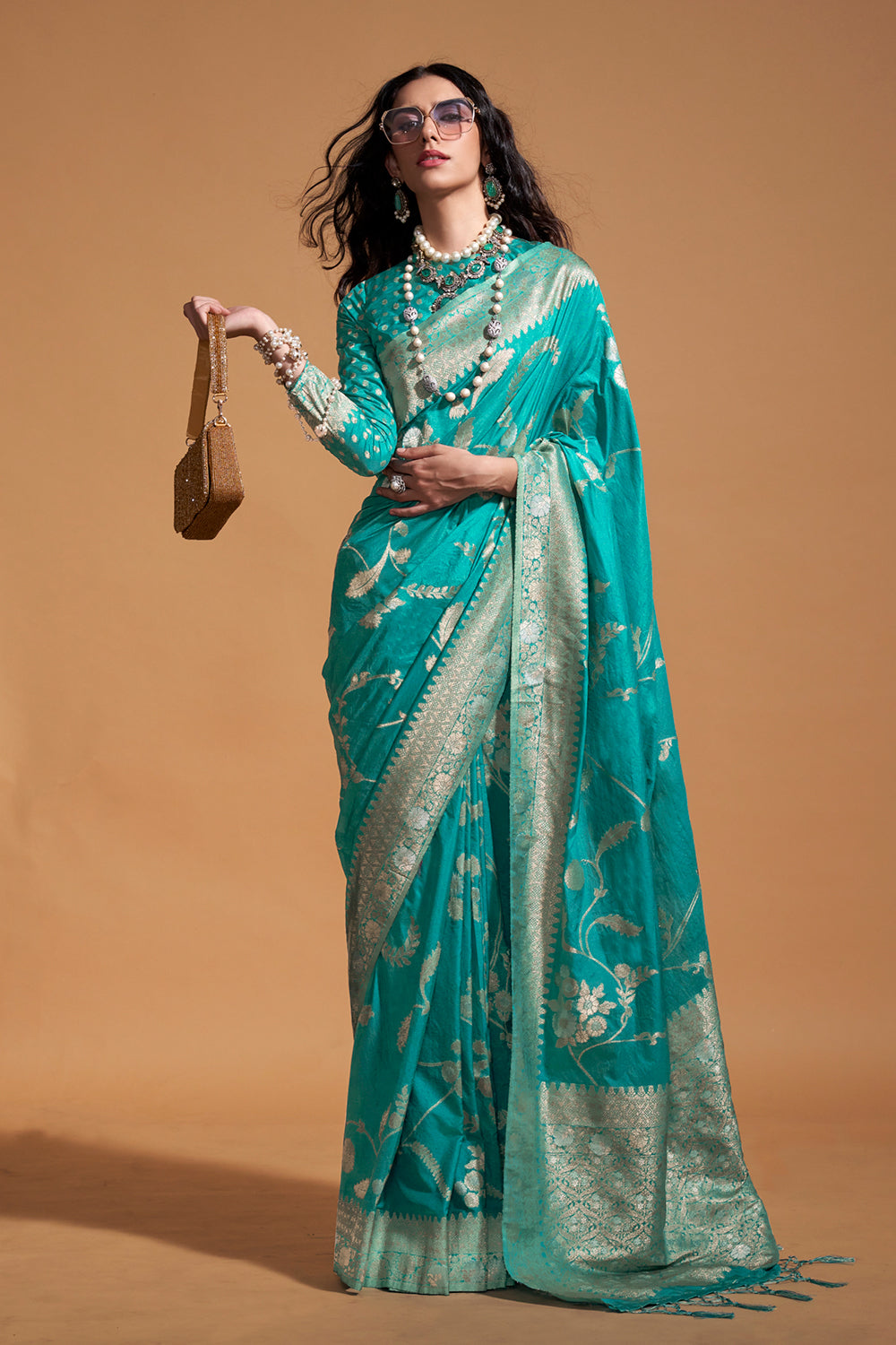 Light Green Banarasi Georgette Saree With Heavy Blouse