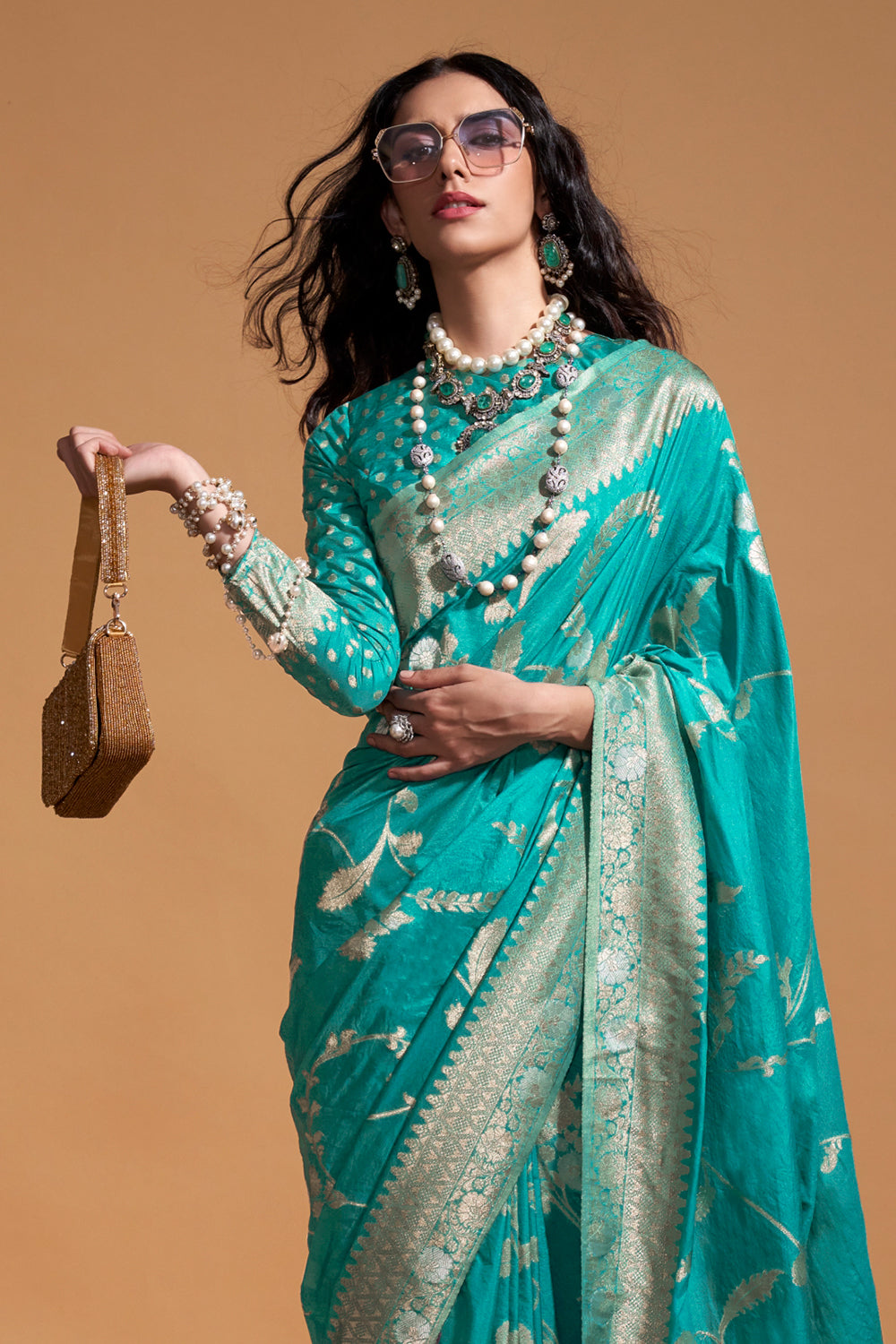 Light Green Banarasi Georgette Saree With Heavy Blouse