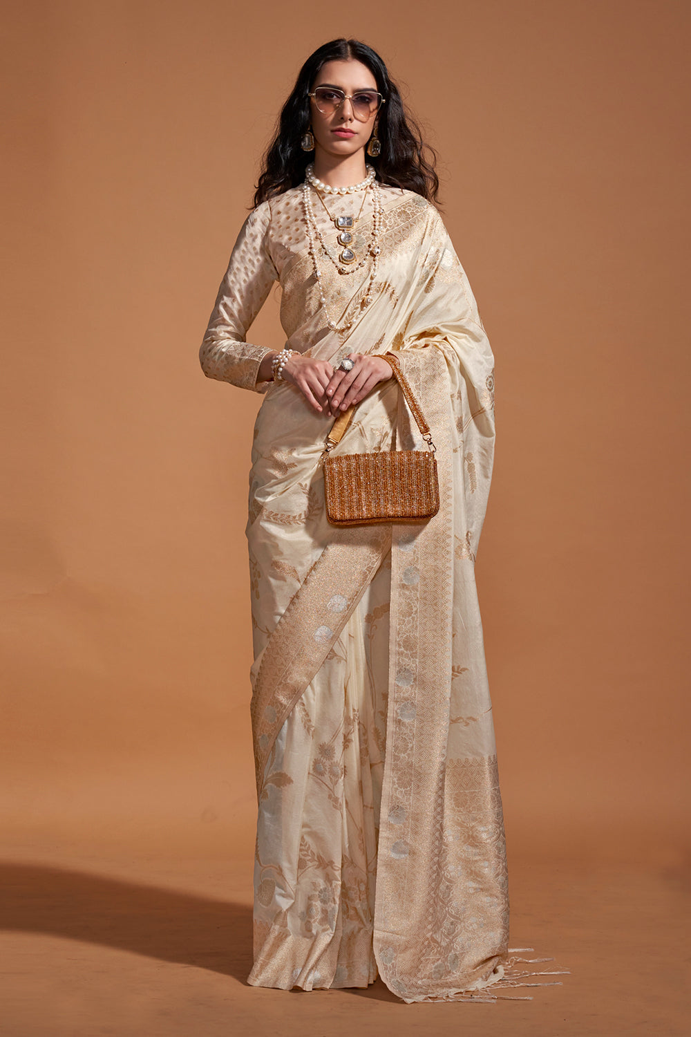 Beige Banarasi Georgette Saree With Heavy Blouse