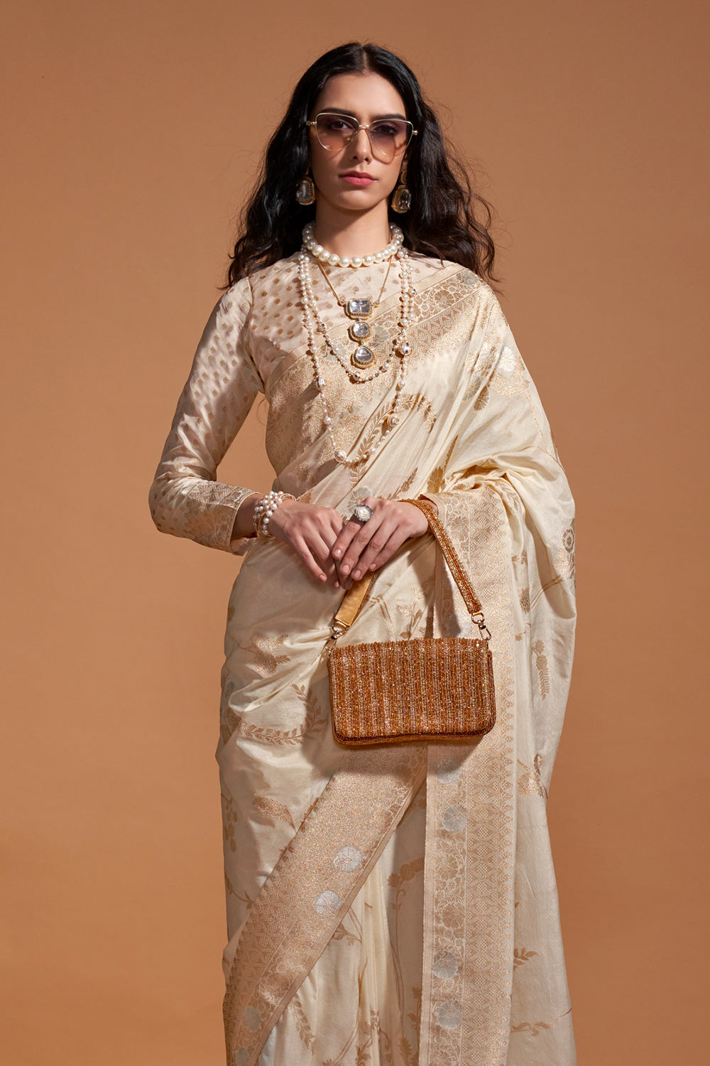 Beige Banarasi Georgette Saree With Heavy Blouse