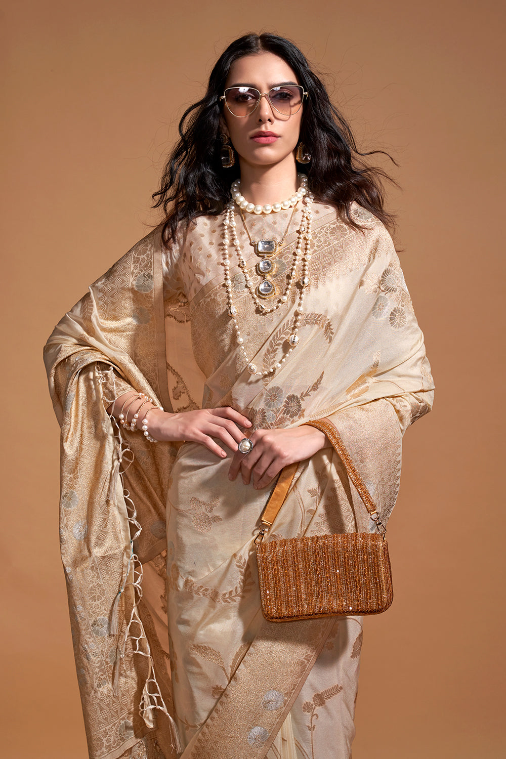 Beige Banarasi Georgette Saree With Heavy Blouse