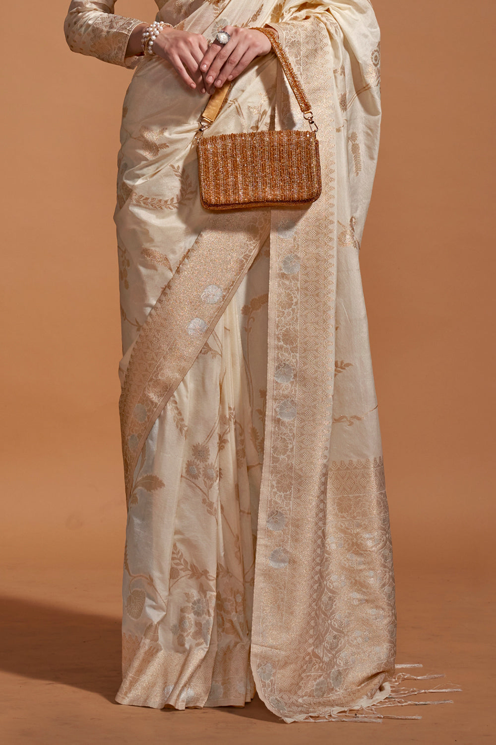 Beige Banarasi Georgette Saree With Heavy Blouse