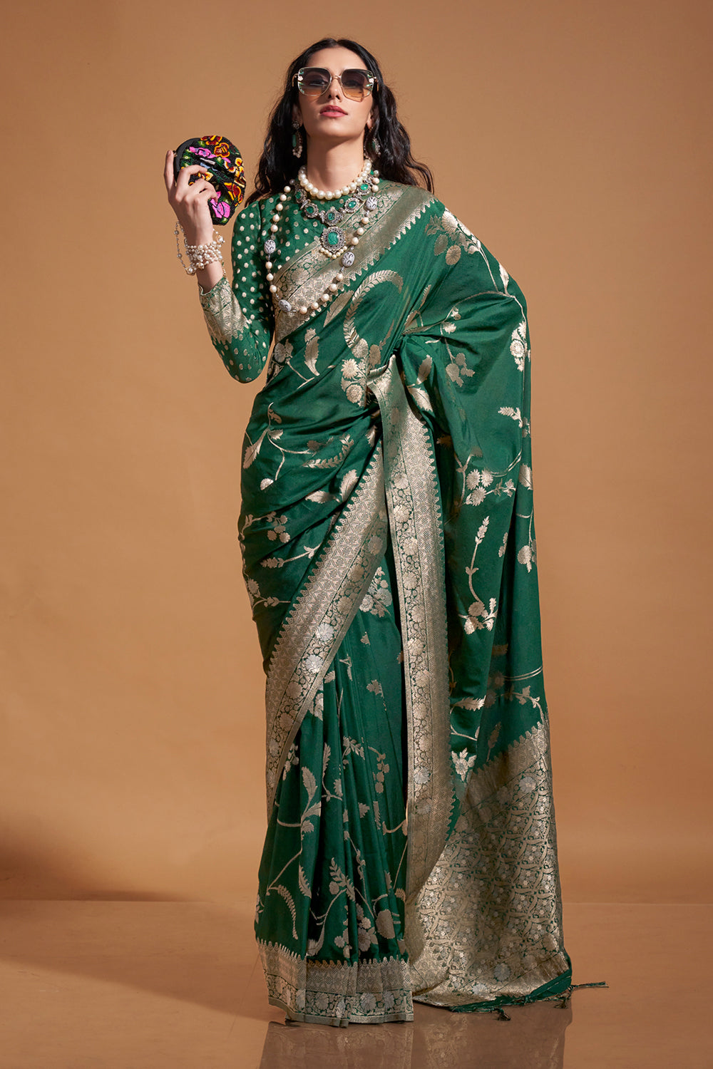 Dark Green Banarasi Georgette Saree With Heavy Blouse