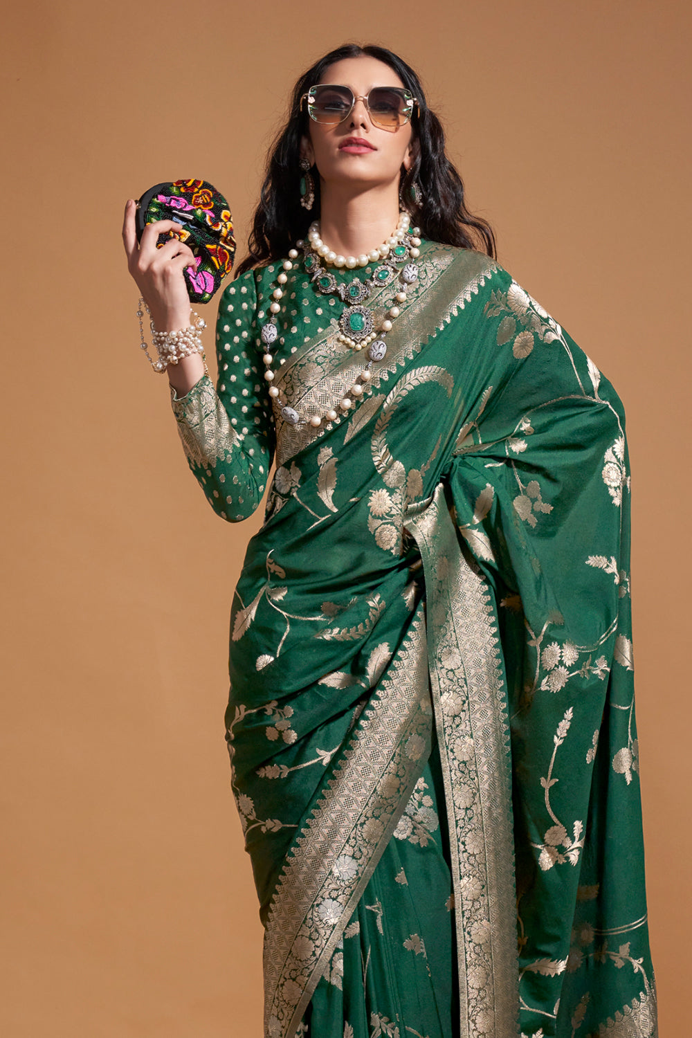 Dark Green Banarasi Georgette Saree With Heavy Blouse