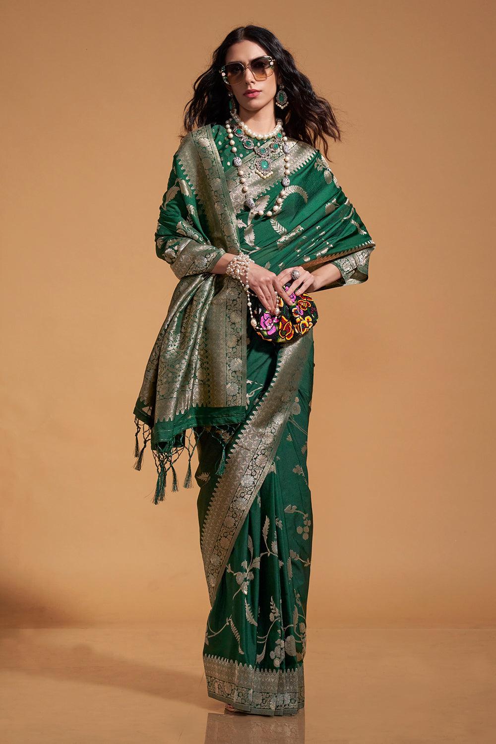 Dark Green Banarasi Georgette Saree With Heavy Blouse
