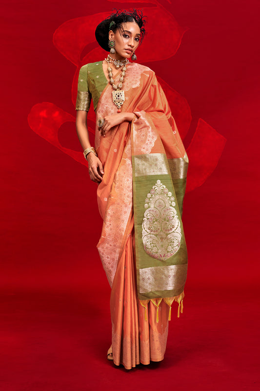 Orange Saree With Contrast Pallu And Blouse
