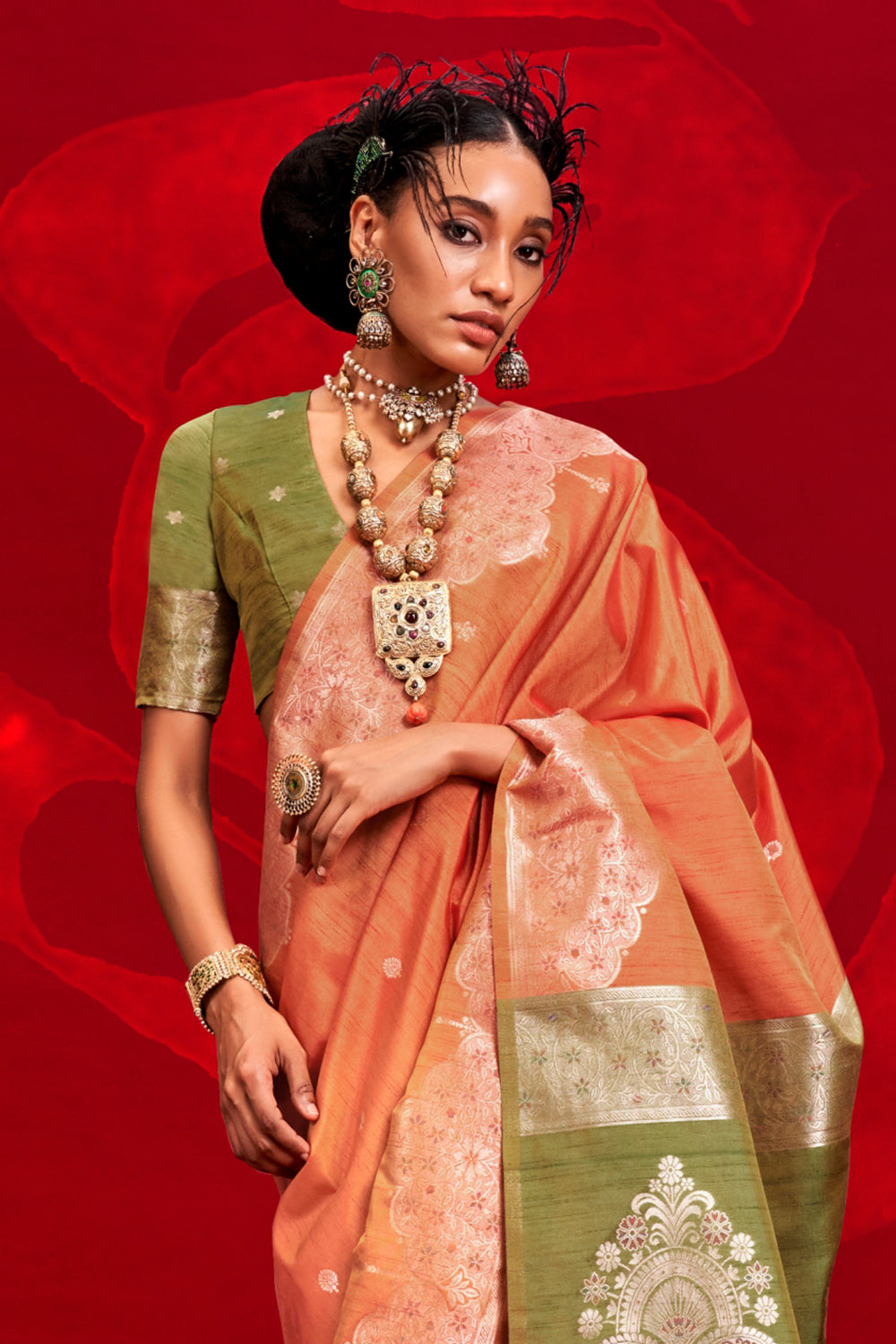 Orange Saree With Contrast Pallu And Blouse