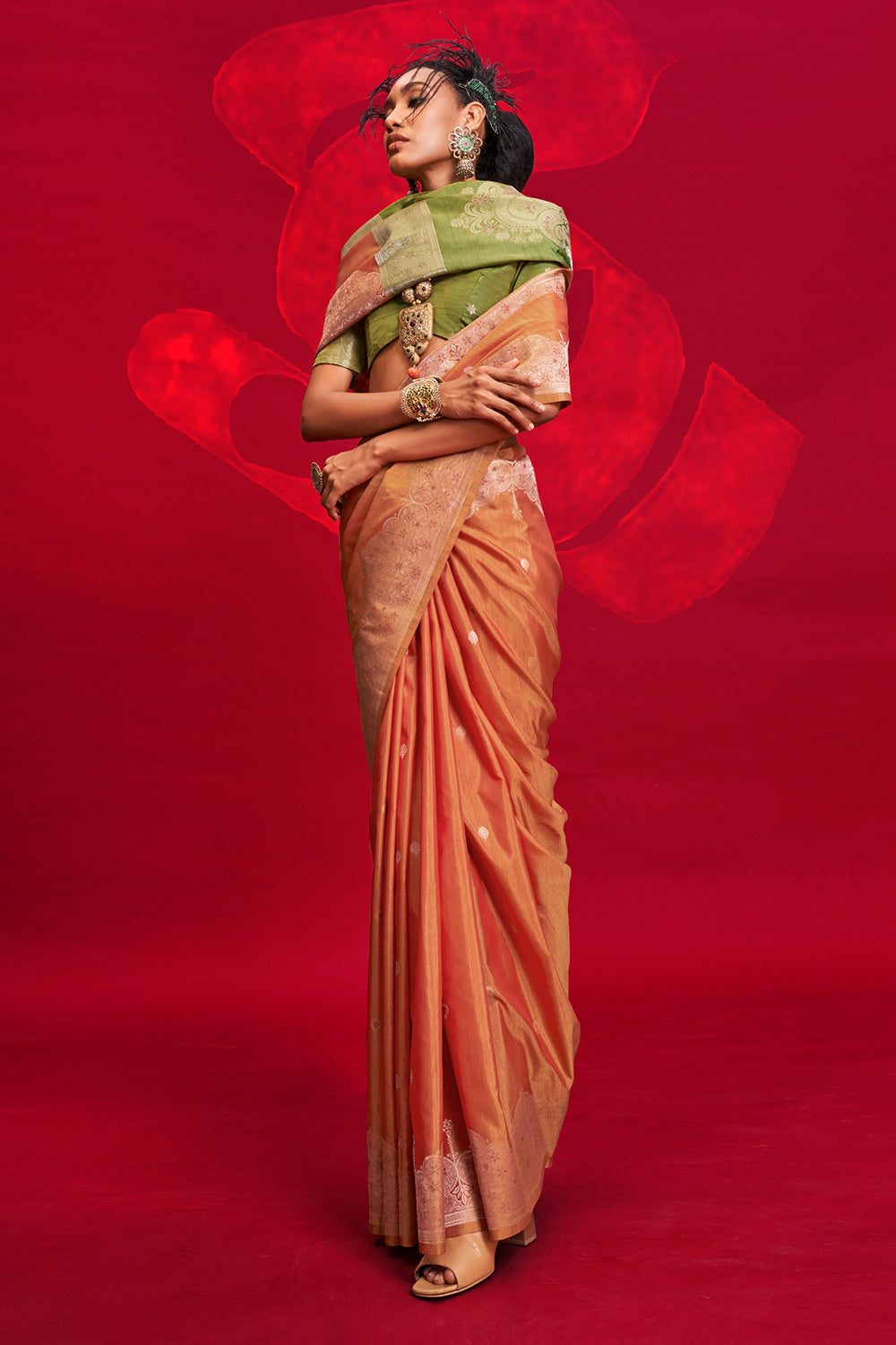 Orange Saree With Contrast Pallu And Blouse
