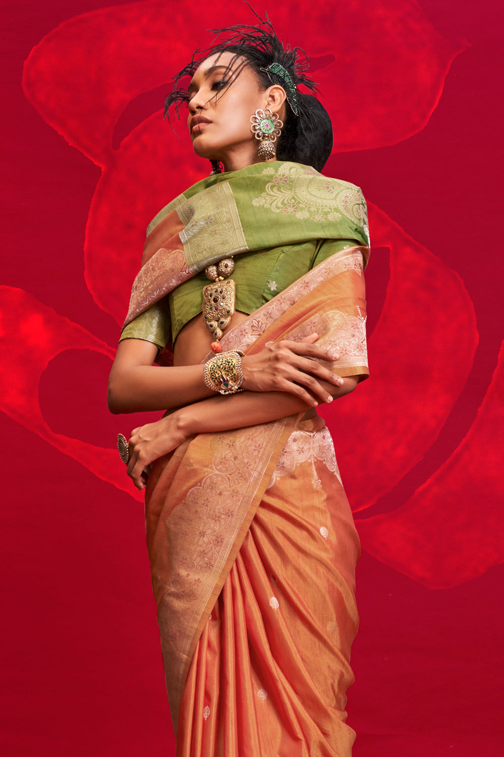 Orange Saree With Contrast Pallu And Blouse