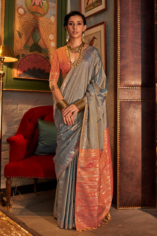 Grey Saree With Contrast Ikkat Pallu And Blouse