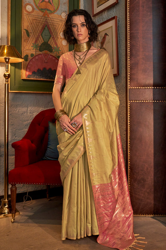 Dusty Yellow Saree With Contrast Ikkat Pallu And Blouse