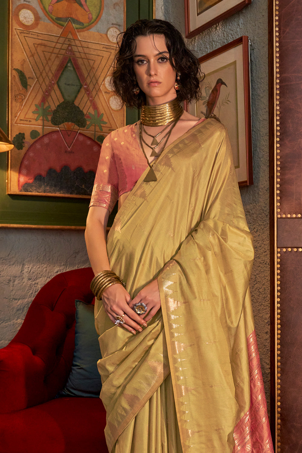 Dusty Yellow Saree With Contrast Ikkat Pallu And Blouse