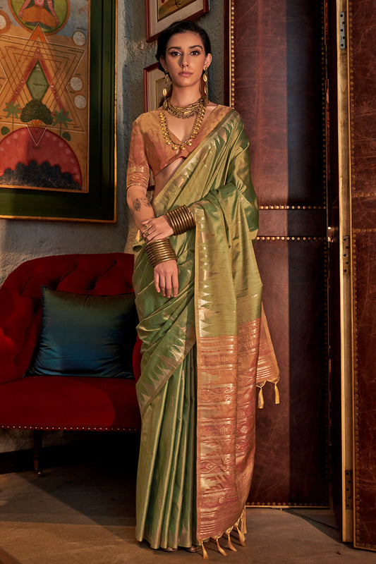 Green Saree With Contrast Ikkat Pallu And Blouse