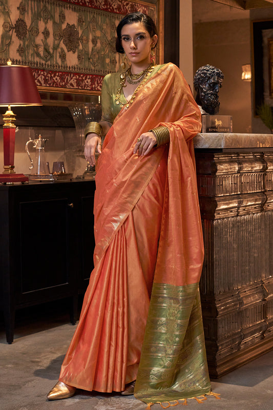 Orange Saree With Contrast Ikkat Pallu And Blouse
