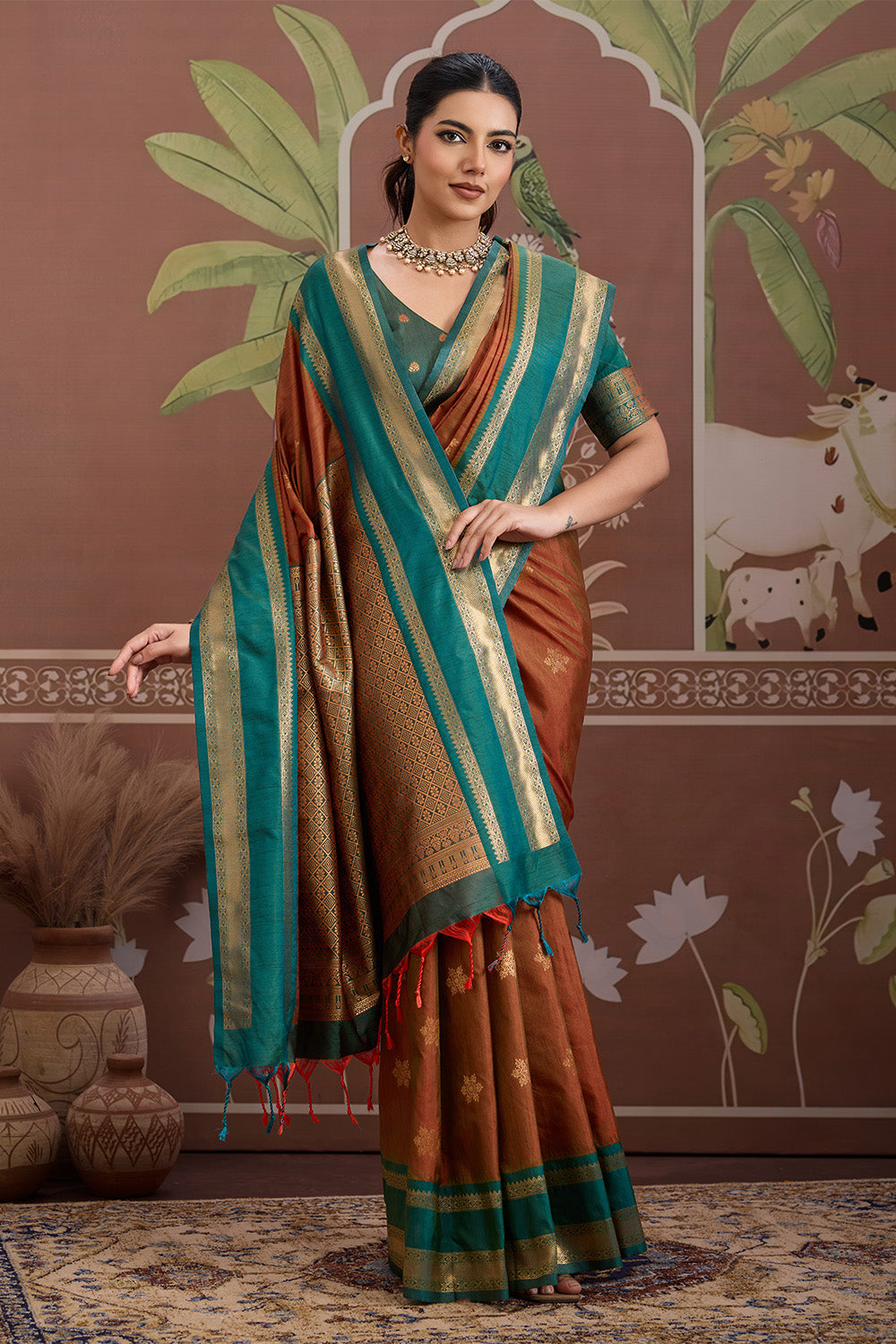 Brown Onam Design Saree with blouse