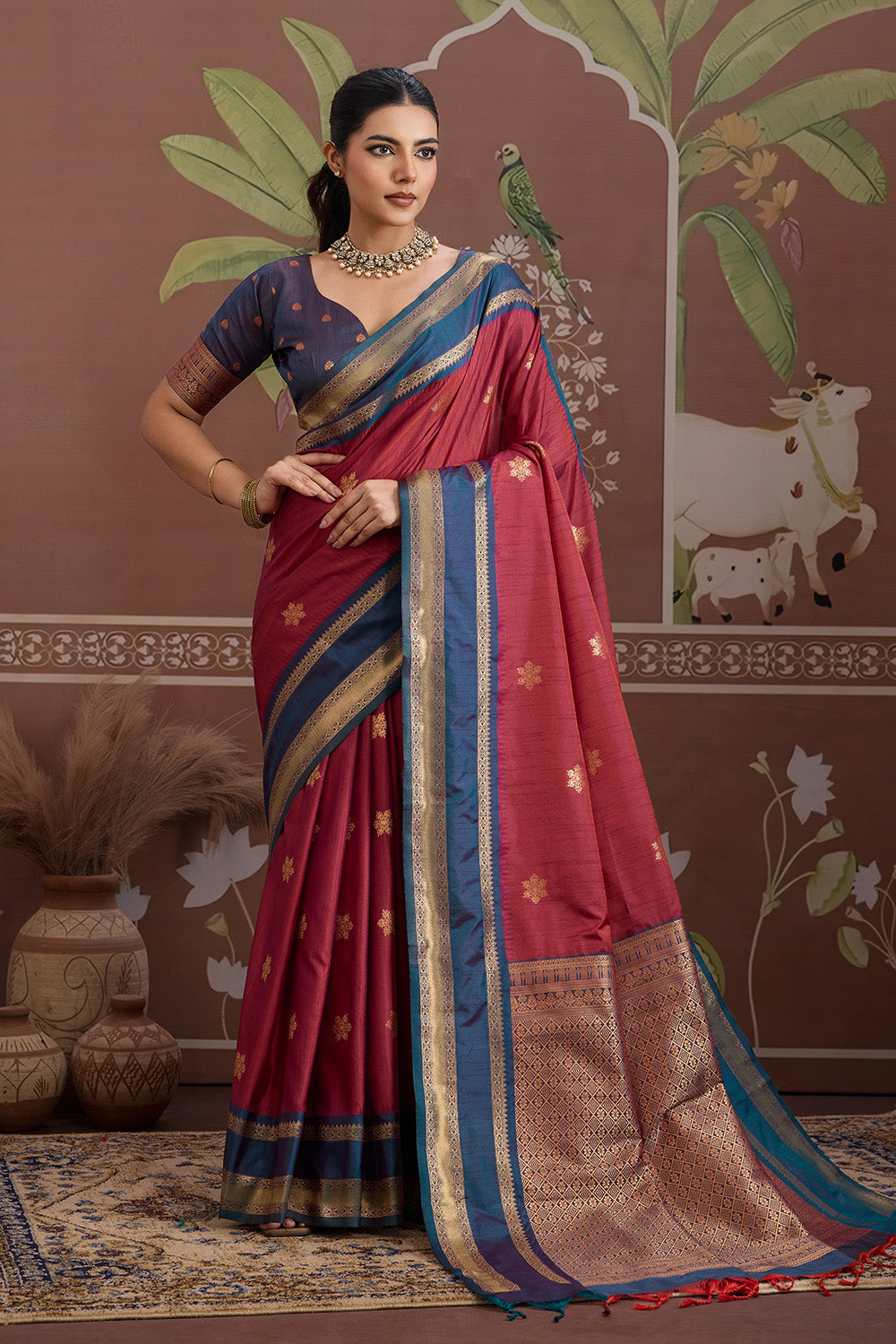 Red Onam Design Saree with blouse
