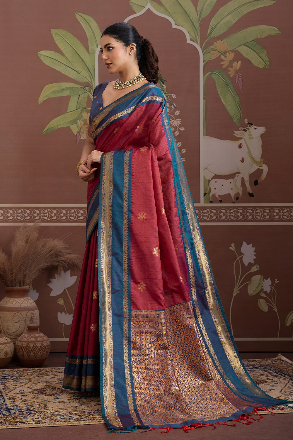 Red Onam Design Saree with blouse