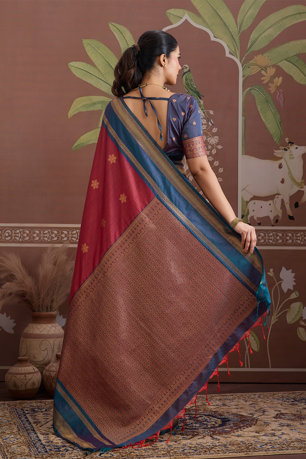 Red Onam Design Saree with blouse