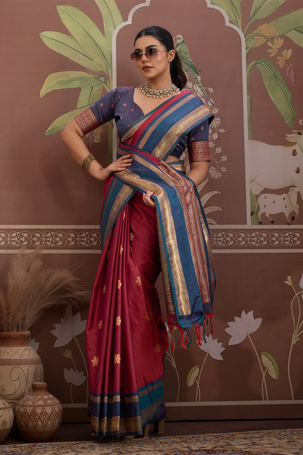 Red Onam Design Saree with blouse