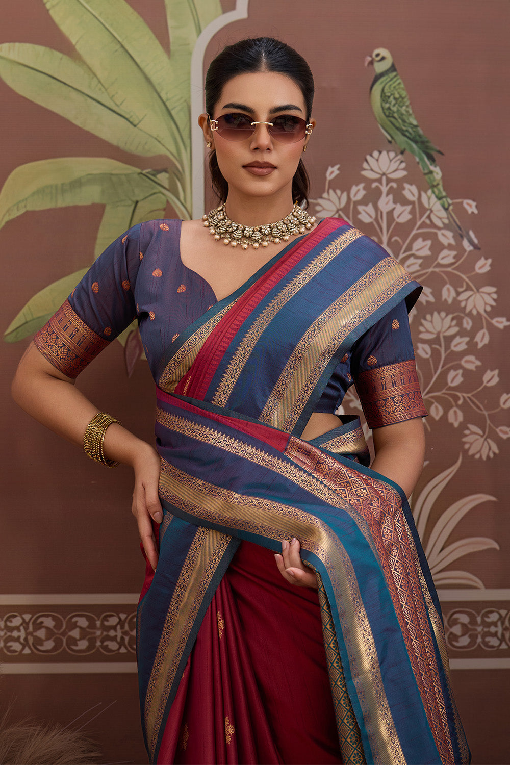 Red Onam Design Saree with blouse