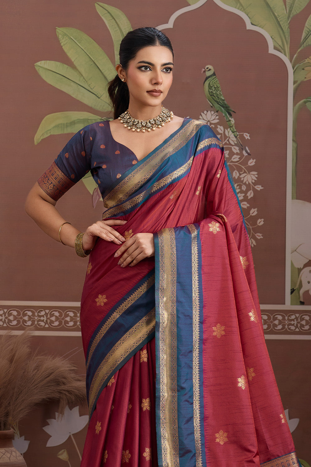 Red Onam Design Saree with blouse