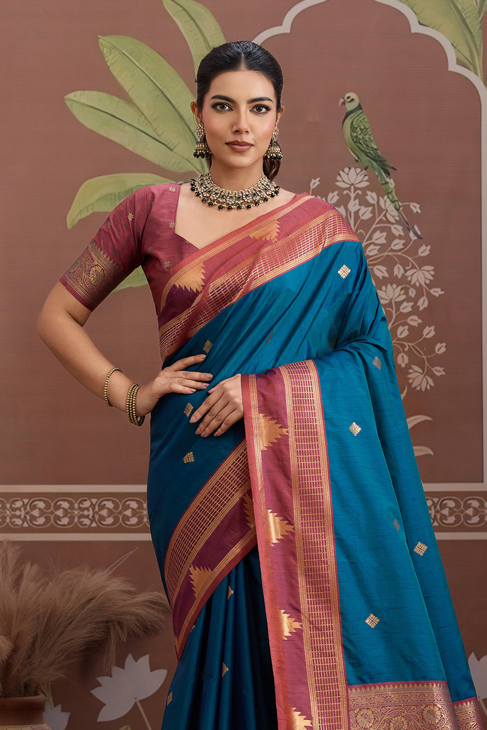 Blue Temple Design Saree with blouse