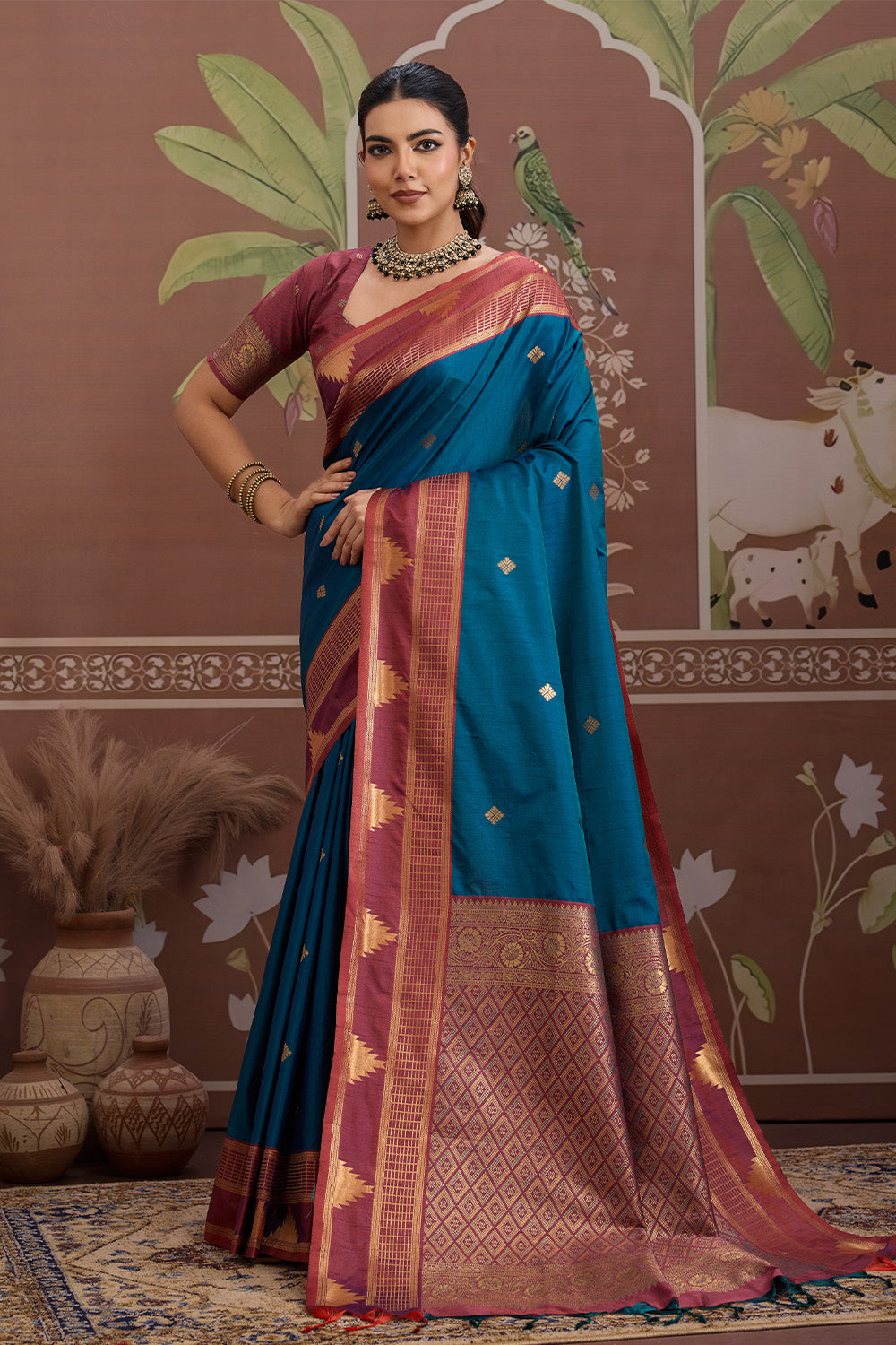 Blue Temple Design Saree with blouse